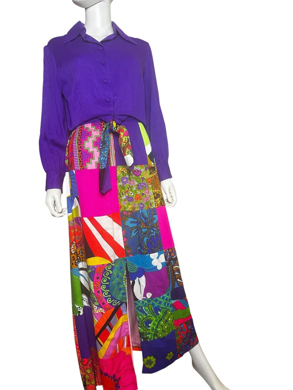 Vtg 1970s Krist Psychedelic Patchwork Maxi Dress Acrylic Barkcloth psychedelic